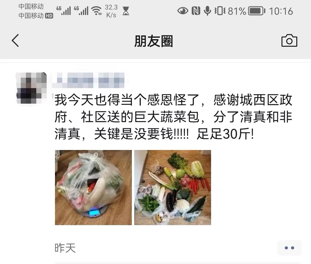 徐先生在朋友圈晒出了政府配送的免费蔬菜包。受访者供图