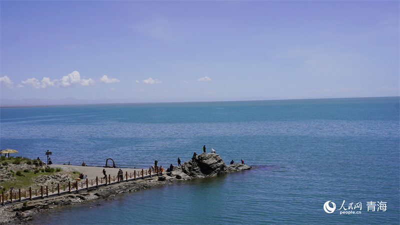 游客在青海湖北岸观湖。人民网记者 杨启红摄