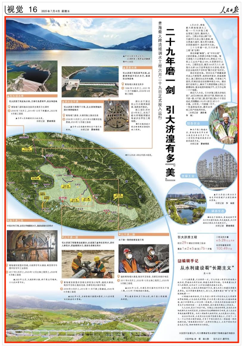 2025-07-04                            二十九年磨一剑 引大济湟有多“美”                美在保灌“解渴”。有“中华水塔”之称的青海，水资源分布极不均衡。湟水流域人口占青海的65%，耕地占71%，规上工业总产值占68%，水资源却仅占3.4%。                                                                       【详细】                            